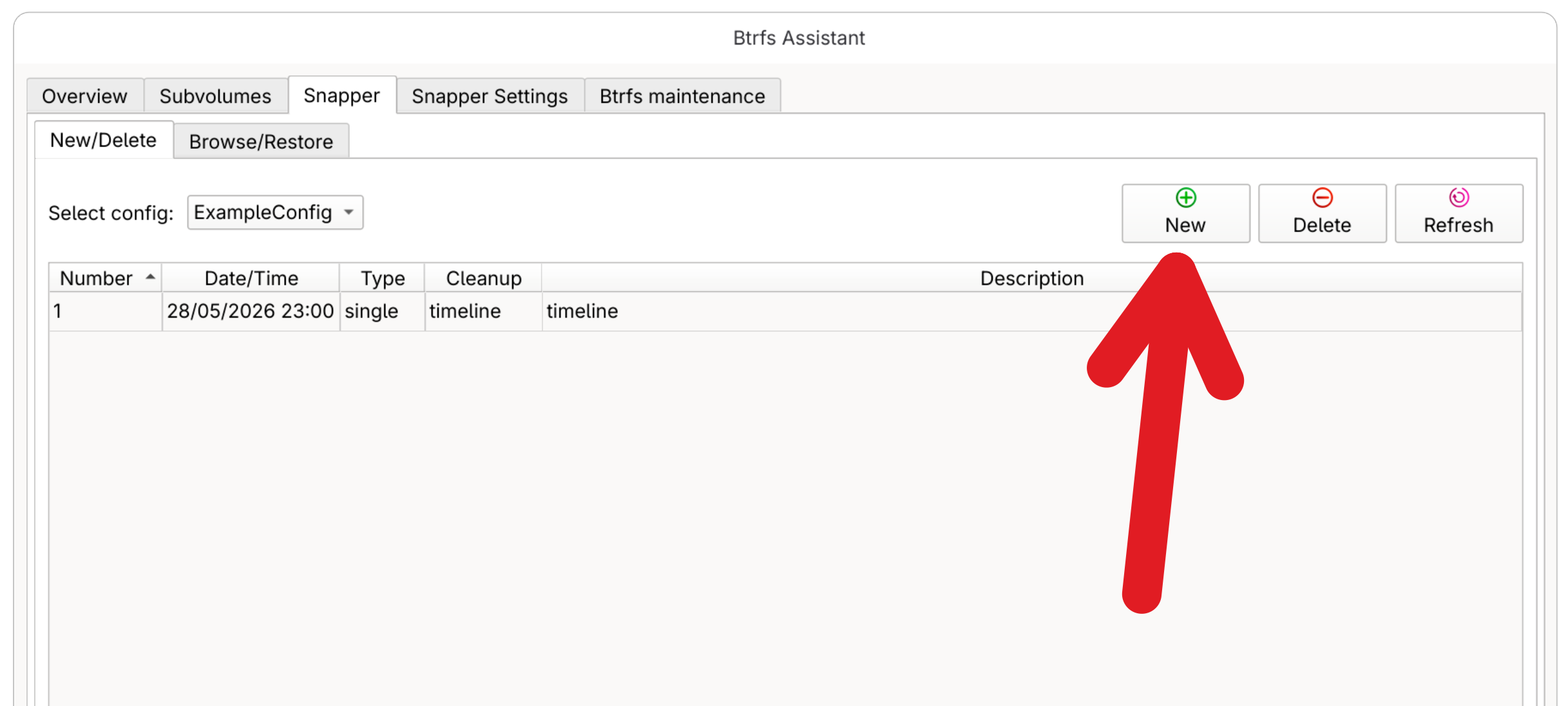 Taking a manual snapshot in btrfs-assistant