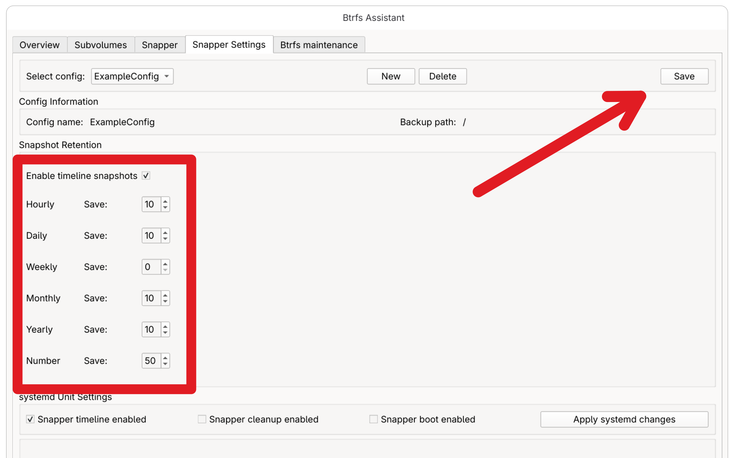 Setting the number of snapshots to keep under Snapshot Retention