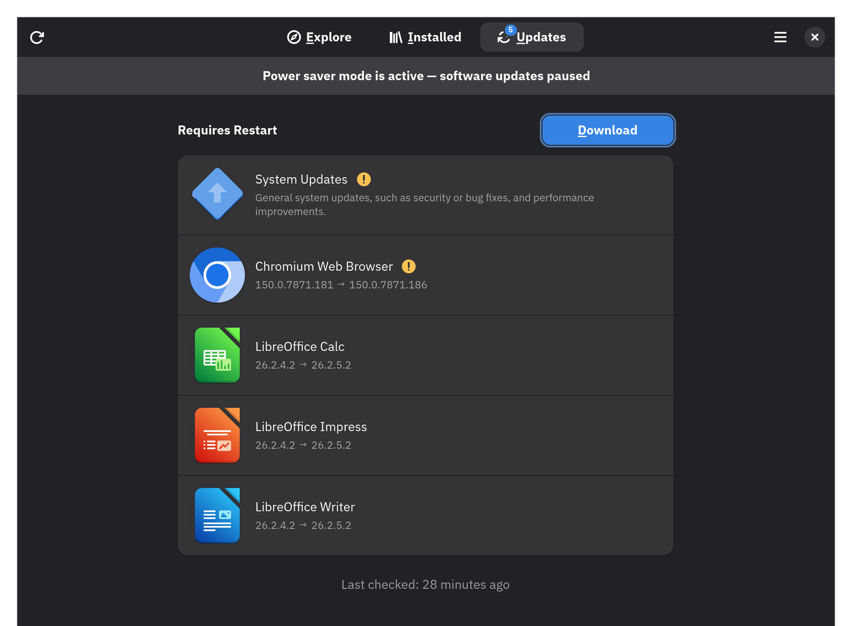 The Updates tab in Gnome Software